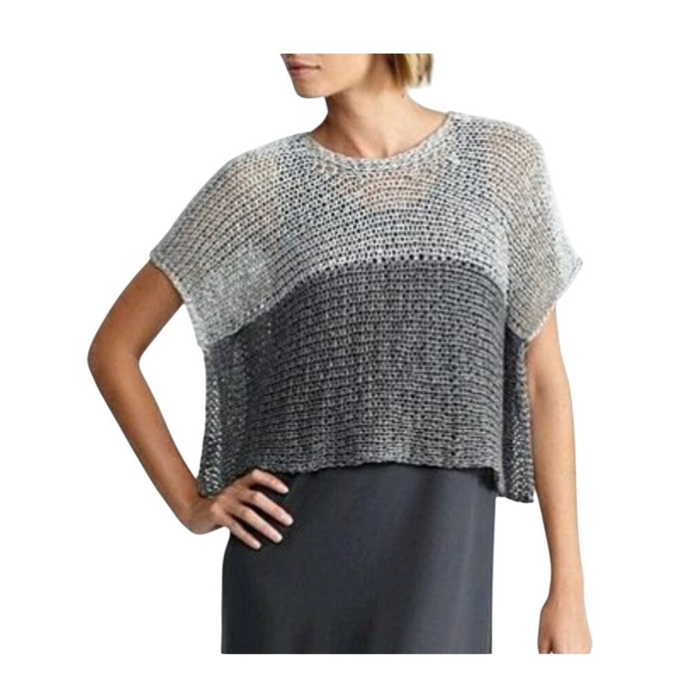 Eileen Fisher Italian Yarn Colorblock Knit Sweater Gray PM Petite Medium Crop